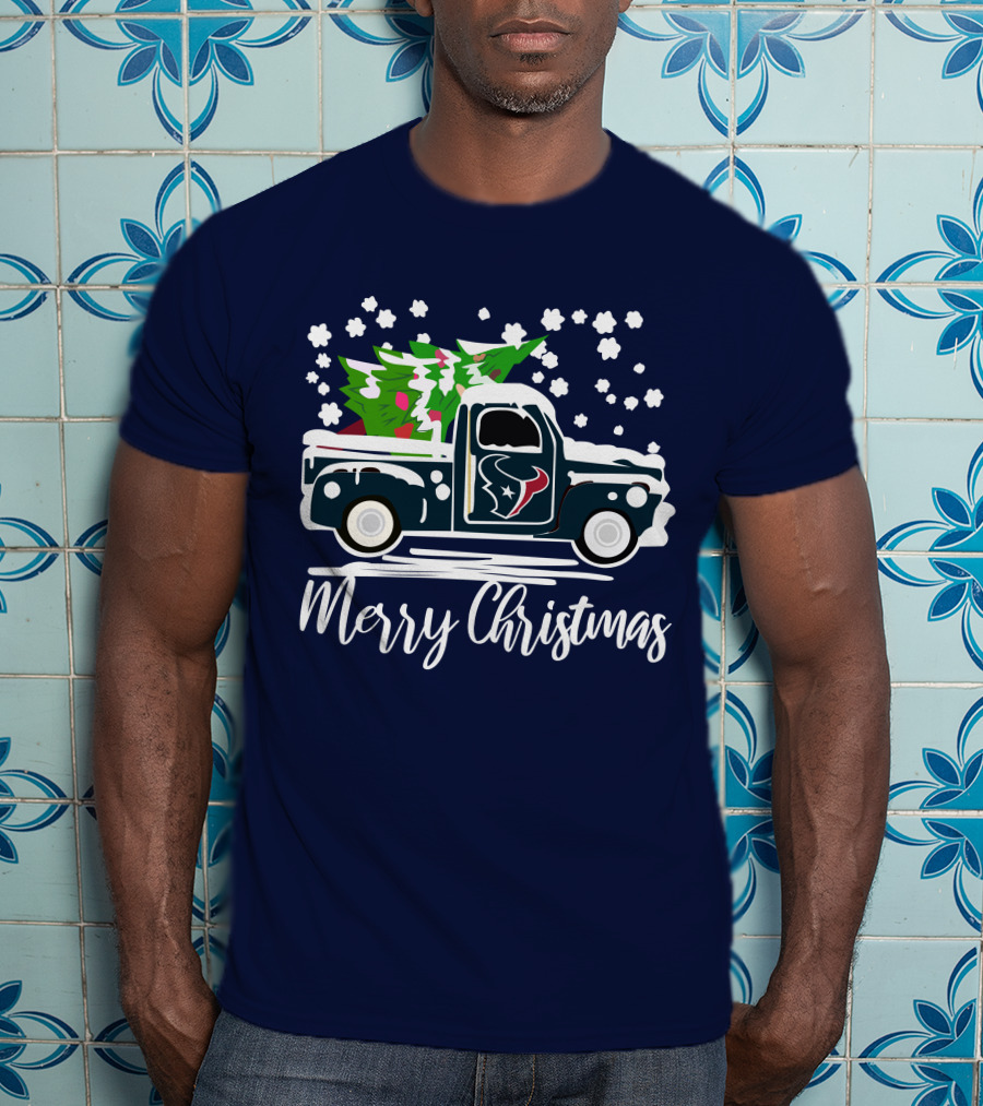 Houston Texans Merry Christmas Vintage Car With Christmas Tree T-Shirt