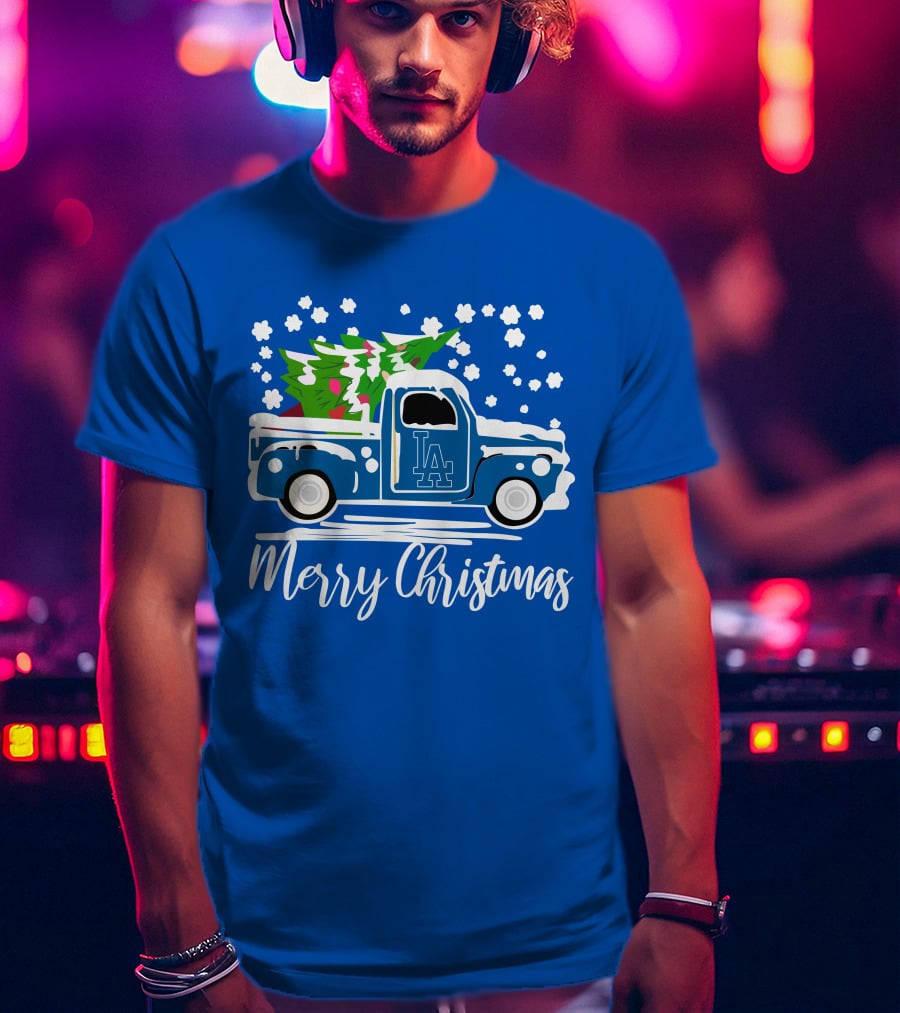Los Angeles Dodgers LA Vintage Car Merry Christmas Snowflakes Tree T-Shirt