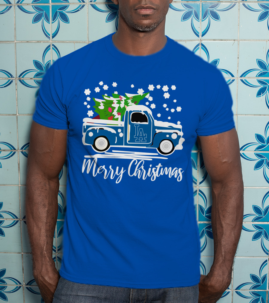 Los Angeles Dodgers LA Vintage Car Merry Christmas Snowflakes Tree T-Shirt