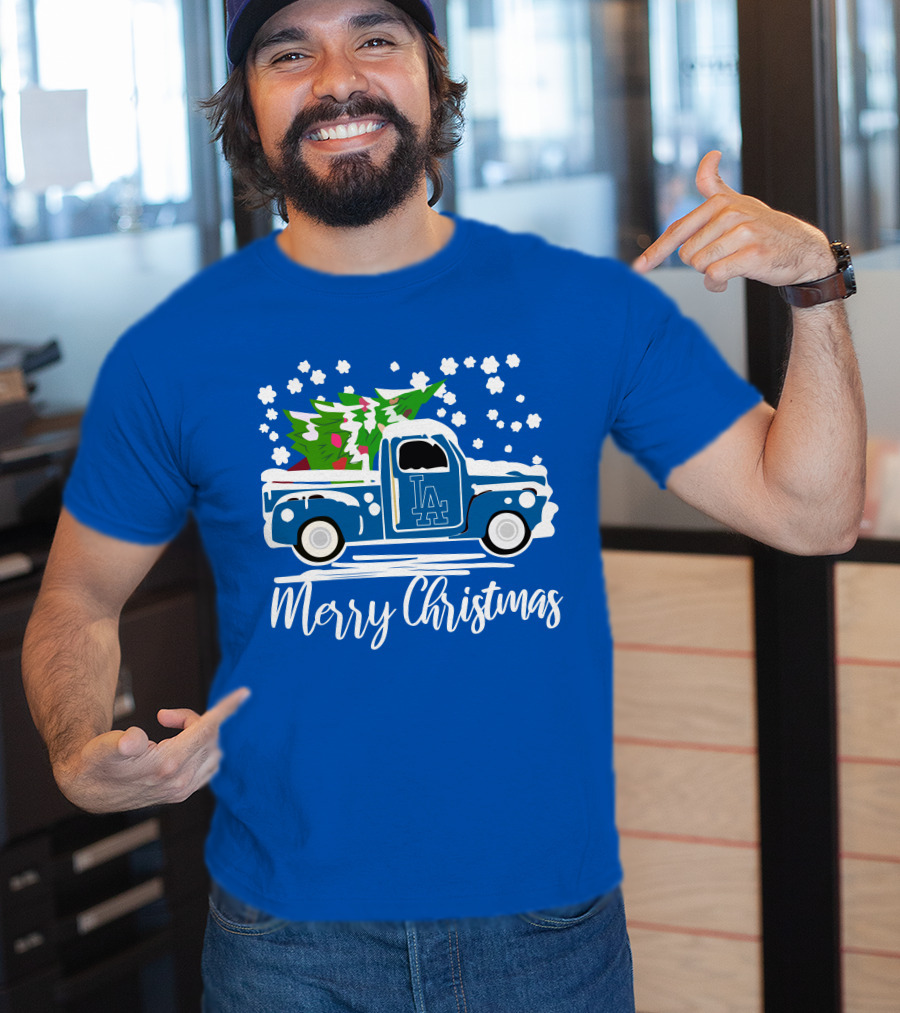 Los Angeles Dodgers LA Vintage Car Merry Christmas Snowflakes Tree T-Shirt