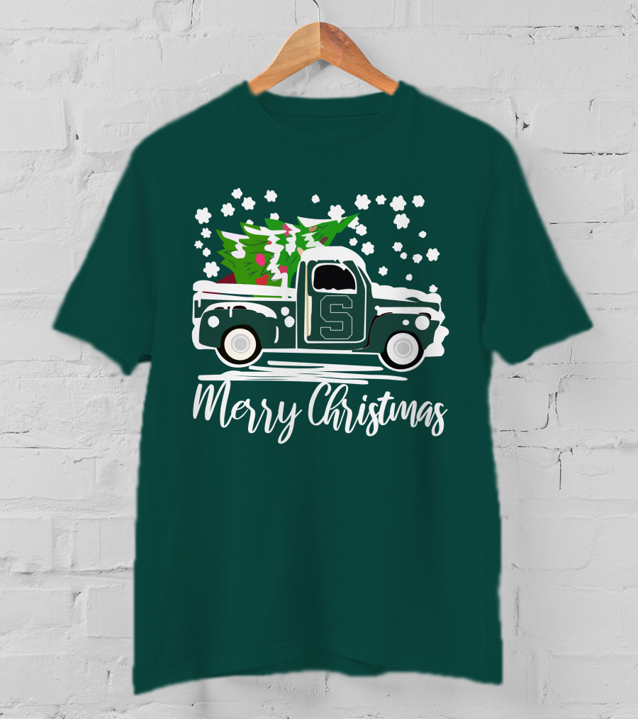 Merry Christmas Michigan State Spartans Vintage Car With Christmas Tree T-Shirt