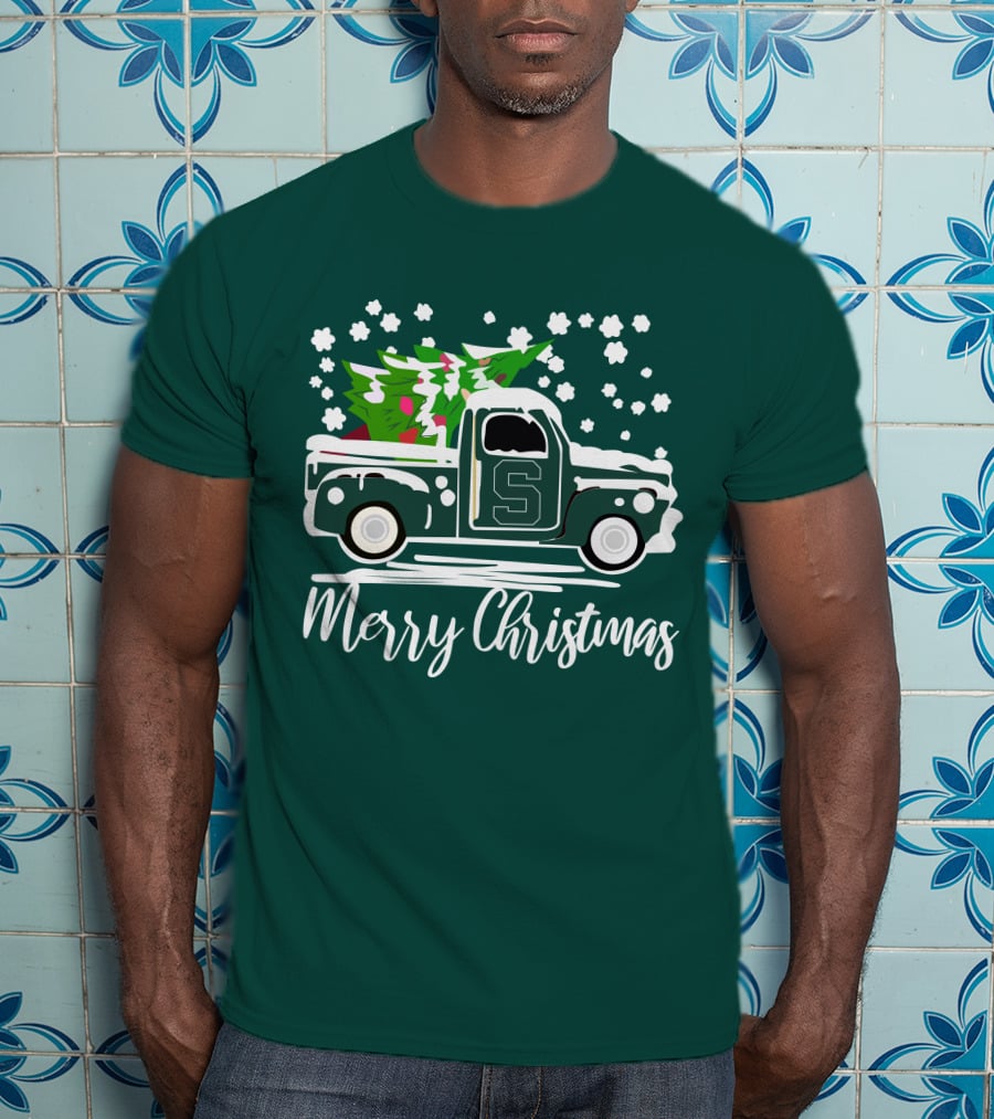 Merry Christmas Michigan State Spartans Vintage Car With Christmas Tree T-Shirt