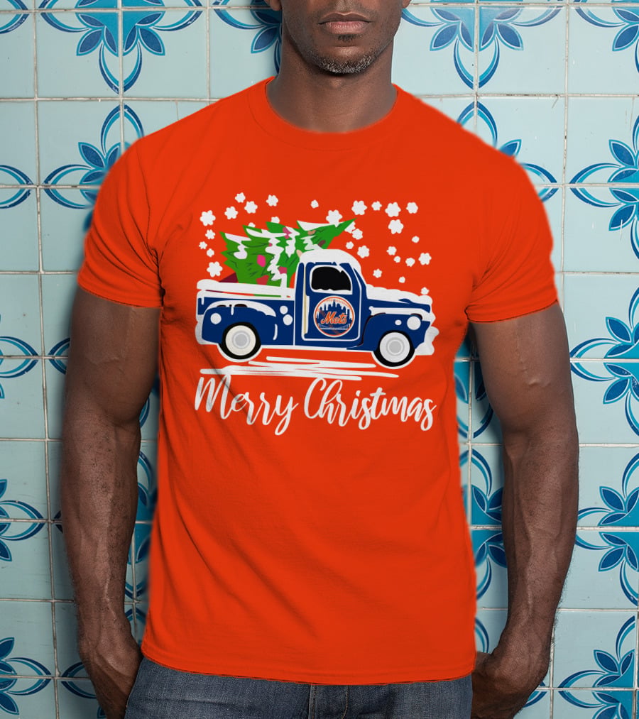 New York Mets Vintage Truck Merry Christmas Snowflakes T-Shirt