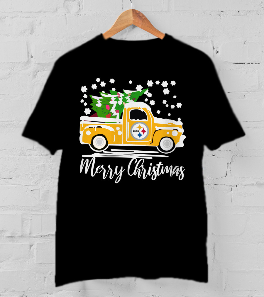 Pittsburgh Steelers Merry Christmas Vintage Car With Christmas Tree T-Shirt