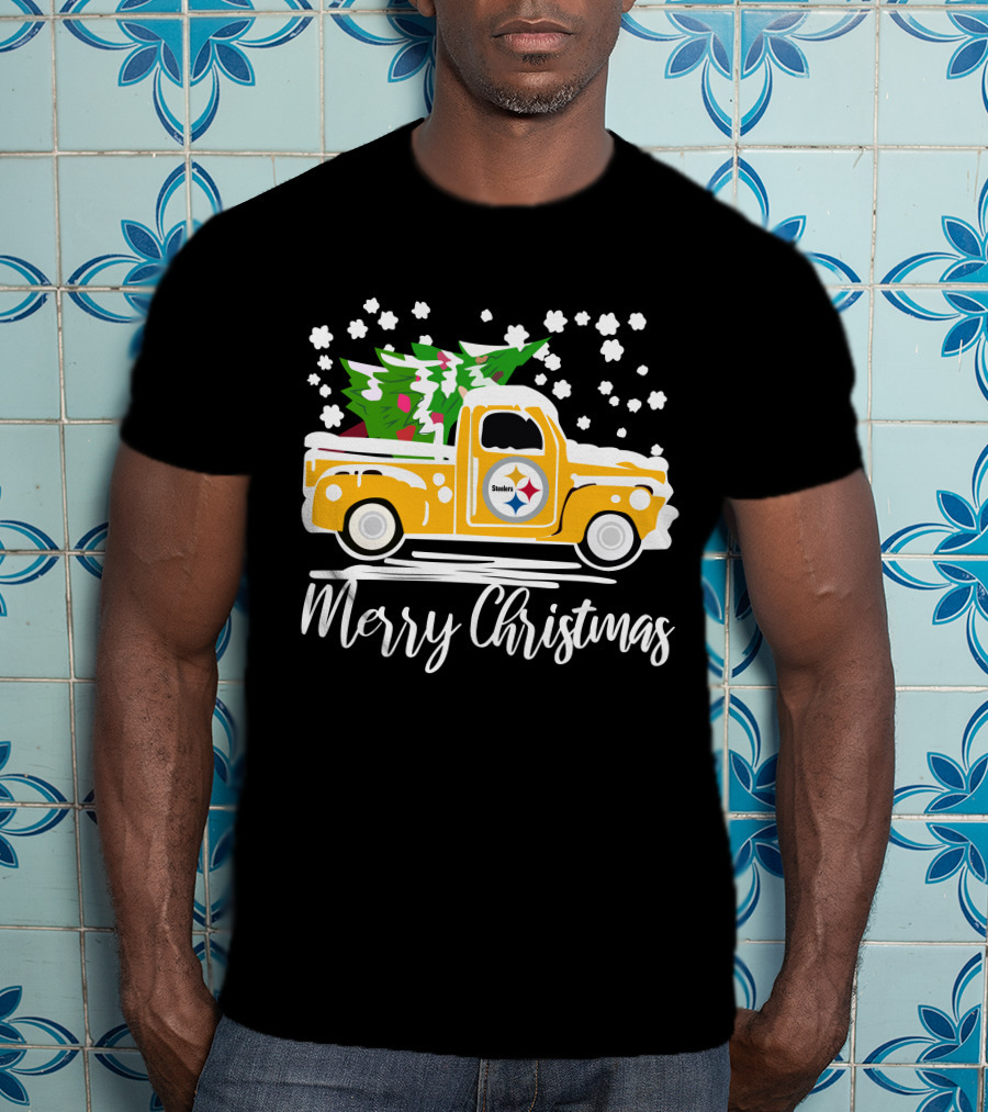 Pittsburgh Steelers Merry Christmas Vintage Car With Christmas Tree T-Shirt