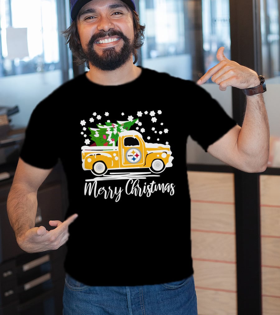 Pittsburgh Steelers Merry Christmas Vintage Car With Christmas Tree T-Shirt