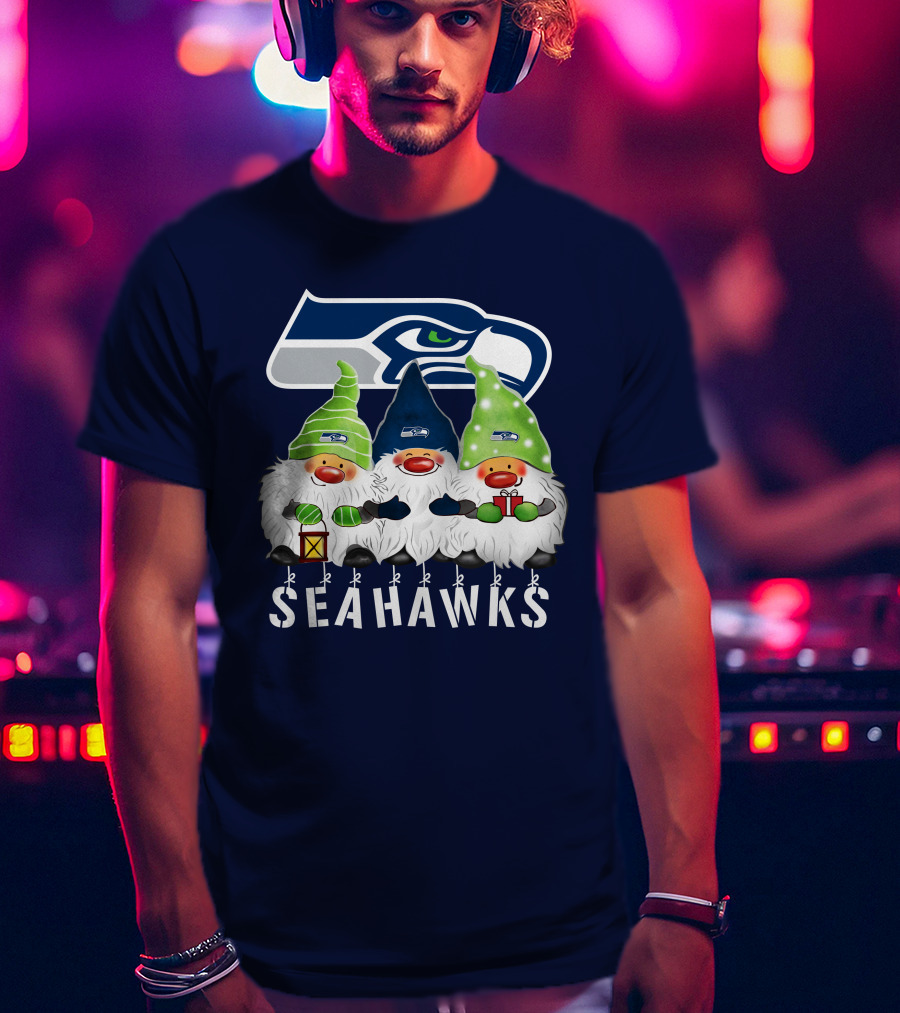 Seattle Seahawks Merry Christmas Happy Holidays Gnomes T-Shirt