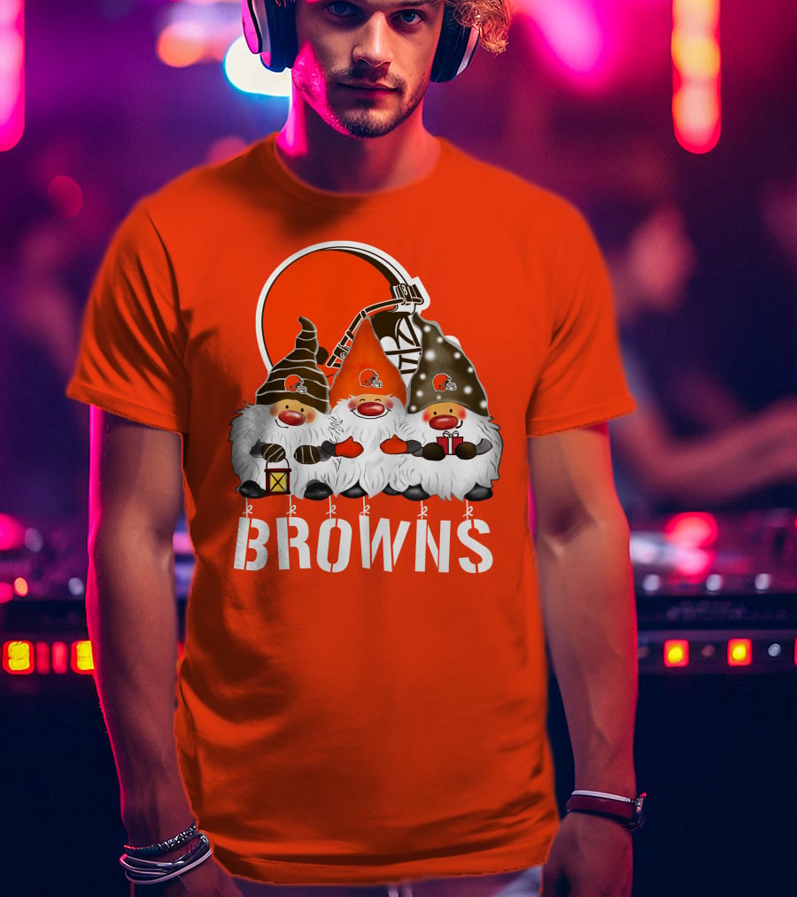Cleveland Browns Merry Christmas Happy Holidays With Gnome Trio And Football Helmets T-Shirt