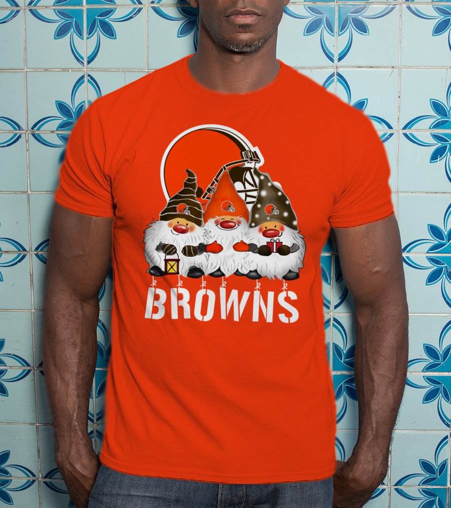 Cleveland Browns Merry Christmas Happy Holidays With Gnome Trio And Football Helmets T-Shirt