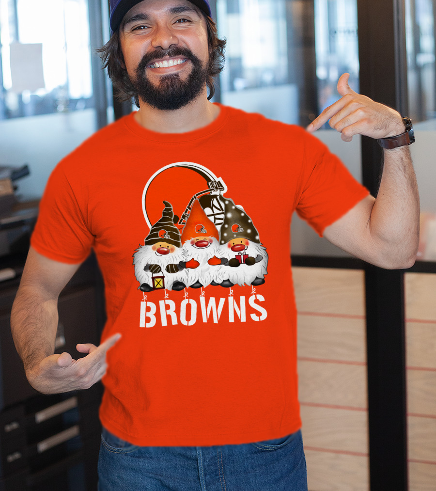 Cleveland Browns Merry Christmas Happy Holidays With Gnome Trio And Football Helmets T-Shirt