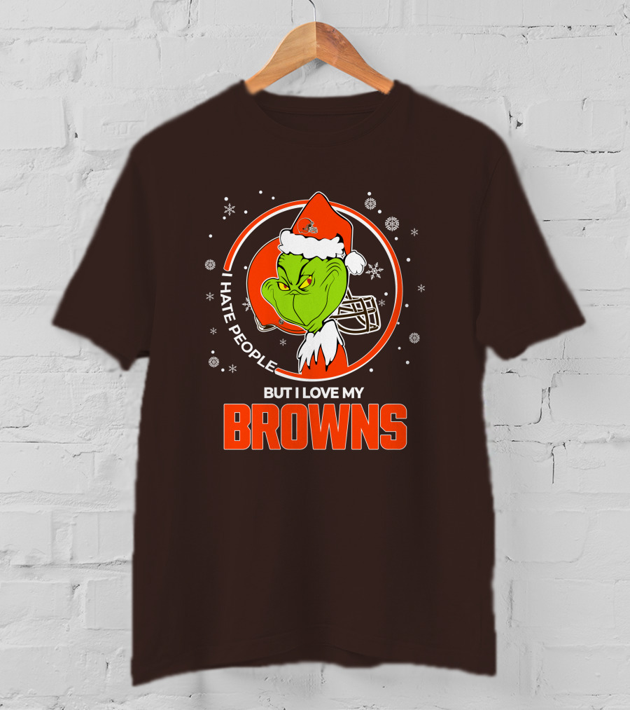I Hate People But I Love My Cleveland Browns Grinch Santa Christmas T-Shirt
