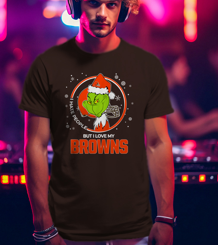 I Hate People But I Love My Cleveland Browns Grinch Santa Christmas T-Shirt