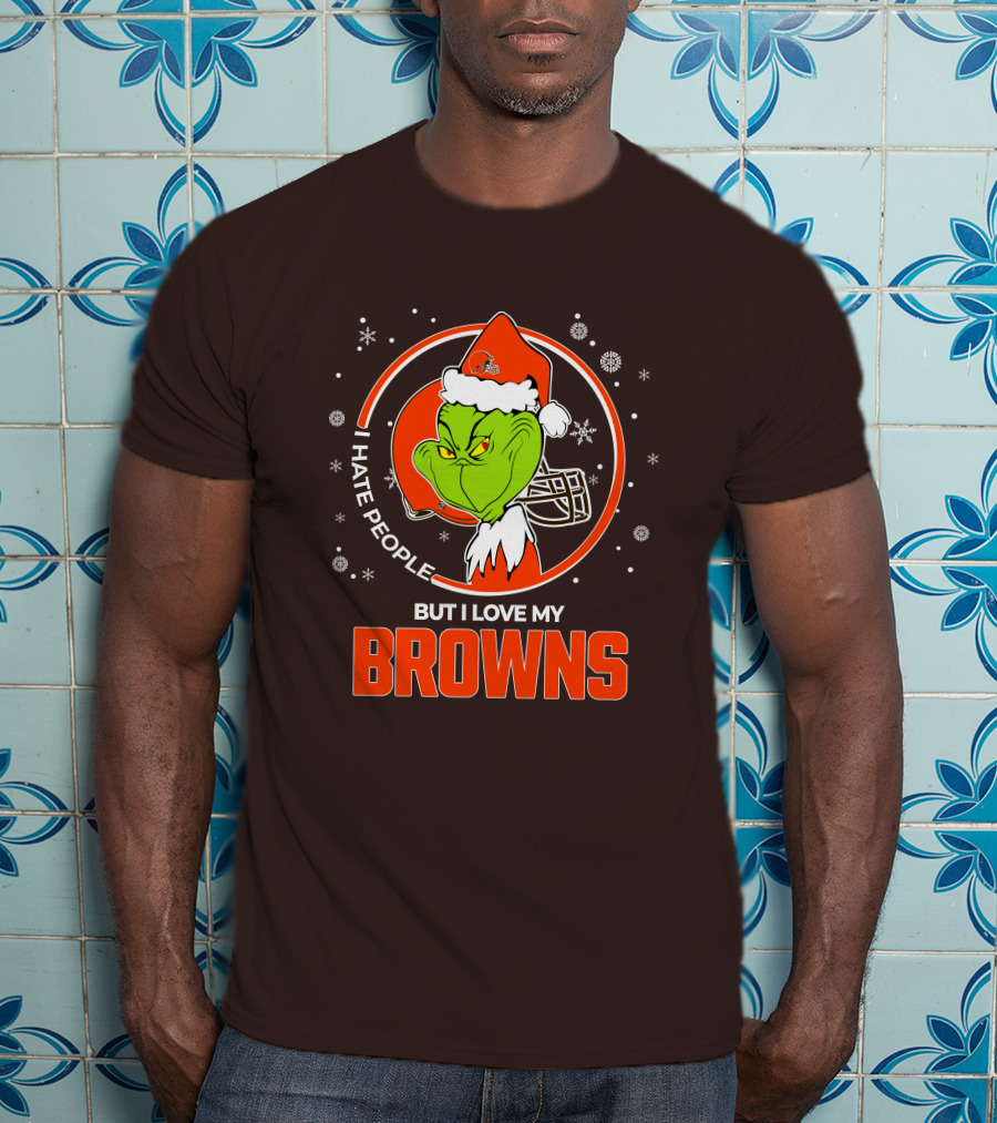 I Hate People But I Love My Cleveland Browns Grinch Santa Christmas T-Shirt
