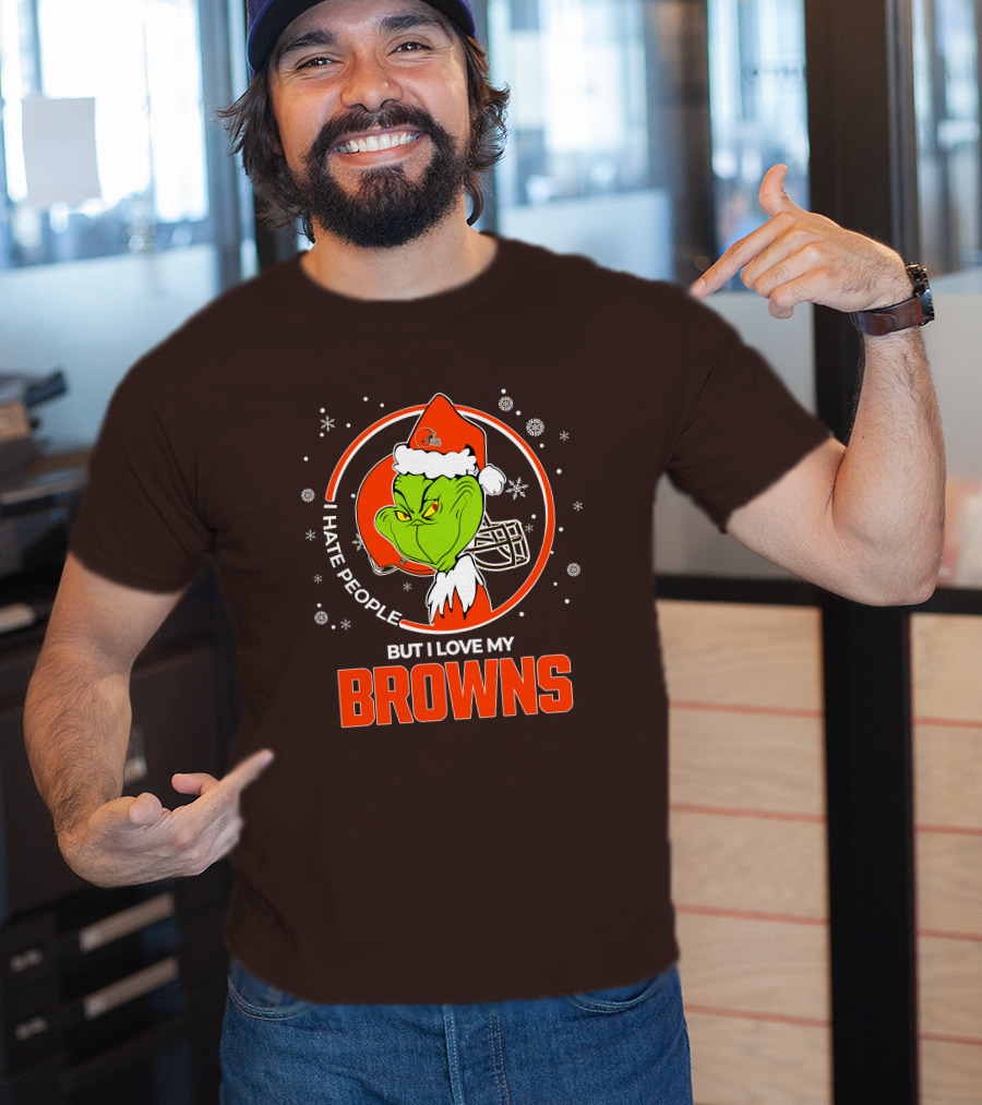 I Hate People But I Love My Cleveland Browns Grinch Santa Christmas T-Shirt