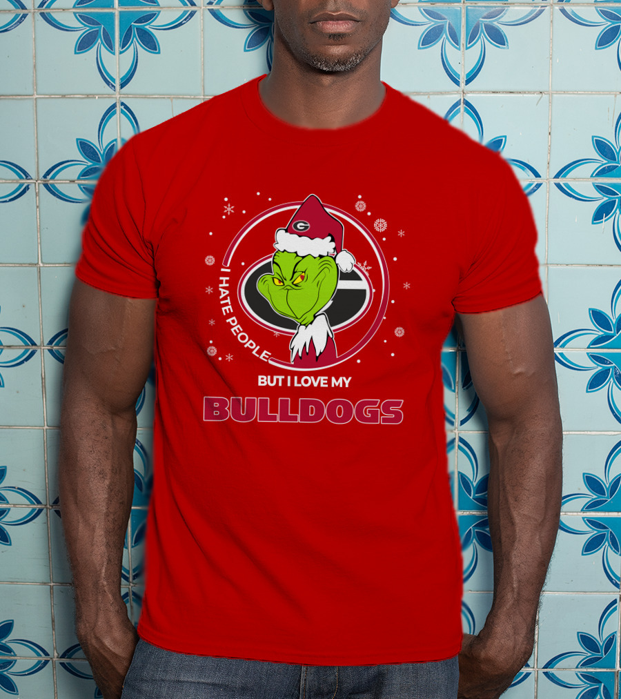 Christmas Grinch Santa I Hate People But I Love My Bulldogs Georgia T-Shirt