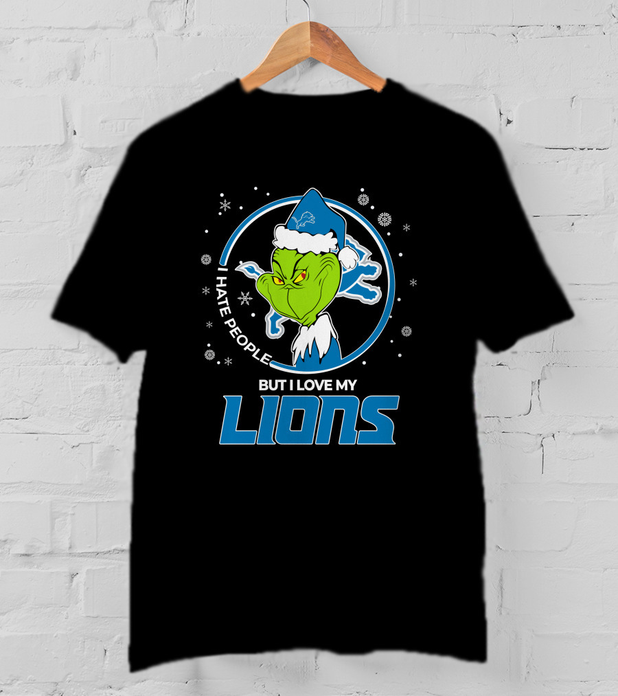 I Hate People But I Love My Detroit Lions Grinch Santa Christmas T-Shirt