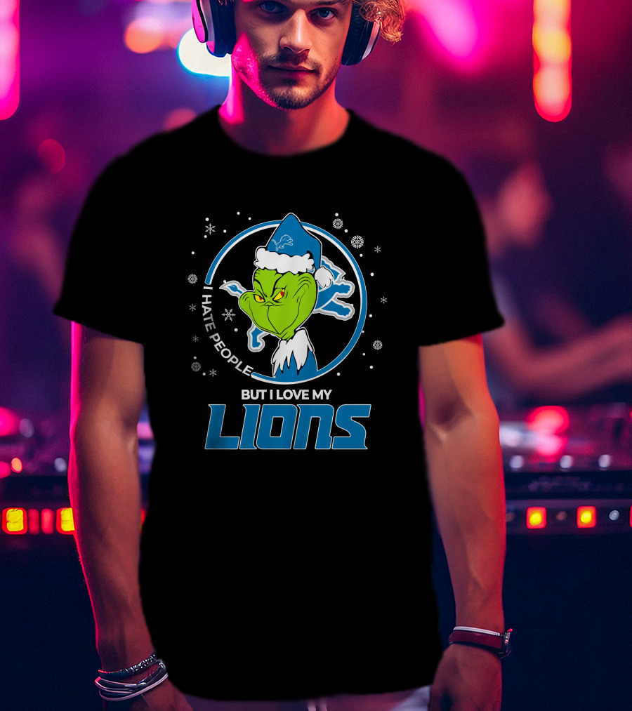 I Hate People But I Love My Detroit Lions Grinch Santa Christmas T-Shirt