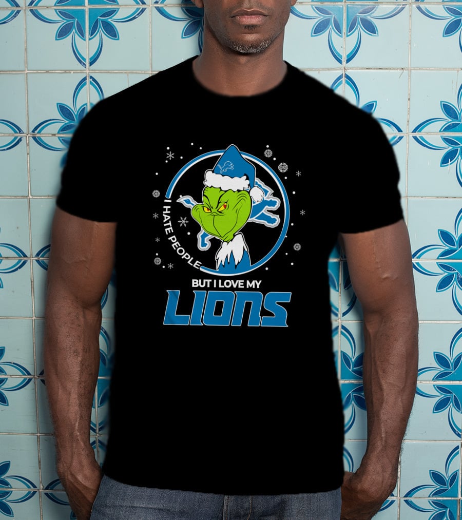 I Hate People But I Love My Detroit Lions Grinch Santa Christmas T-Shirt