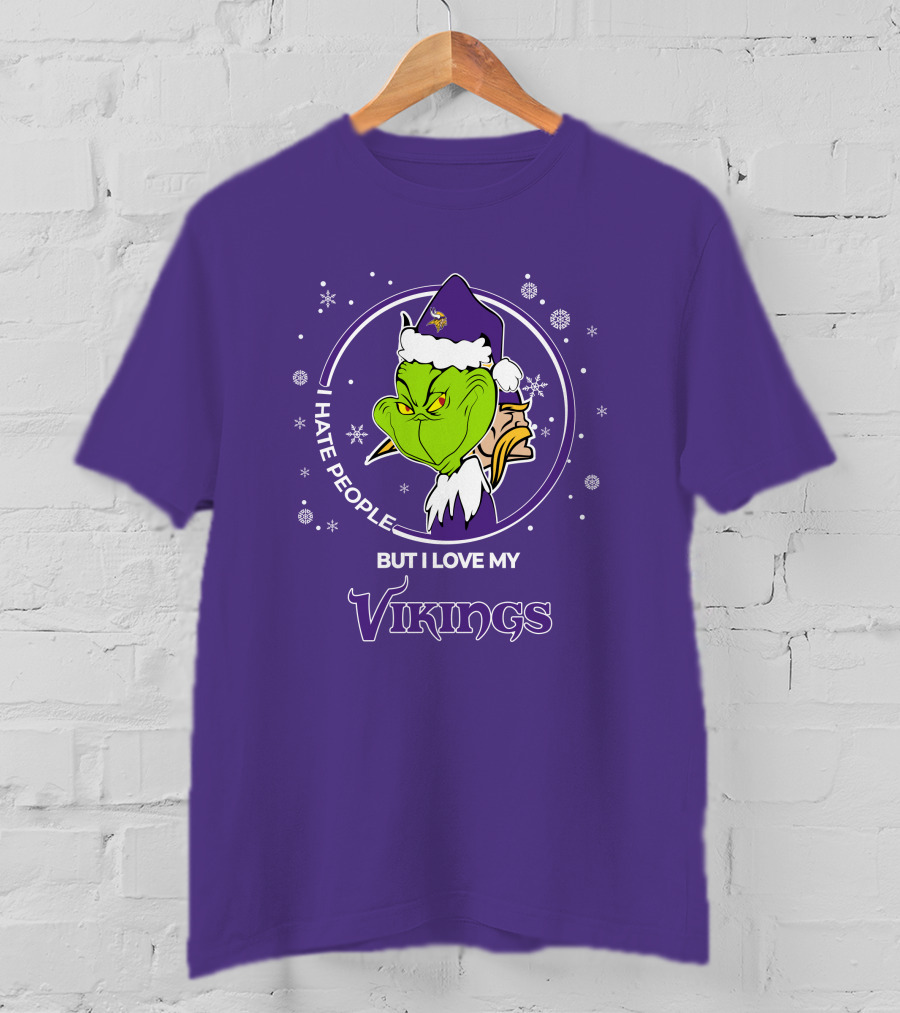 Christmas Grinch Santa I Hate People But I Love My Vikings T-Shirt