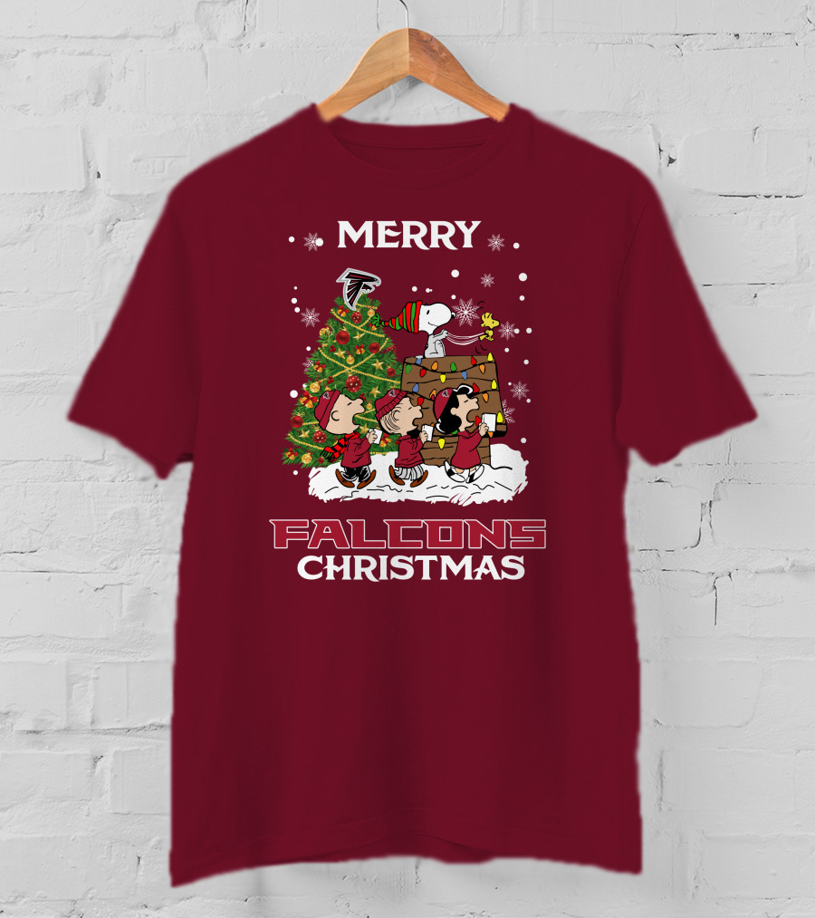 Merry Falcons Christmas Peanuts Tree Atlanta Snowflakes T-Shirt