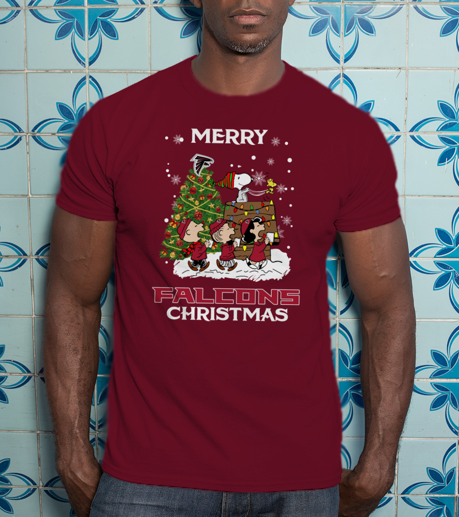 Merry Falcons Christmas Peanuts Tree Atlanta Snowflakes T-Shirt
