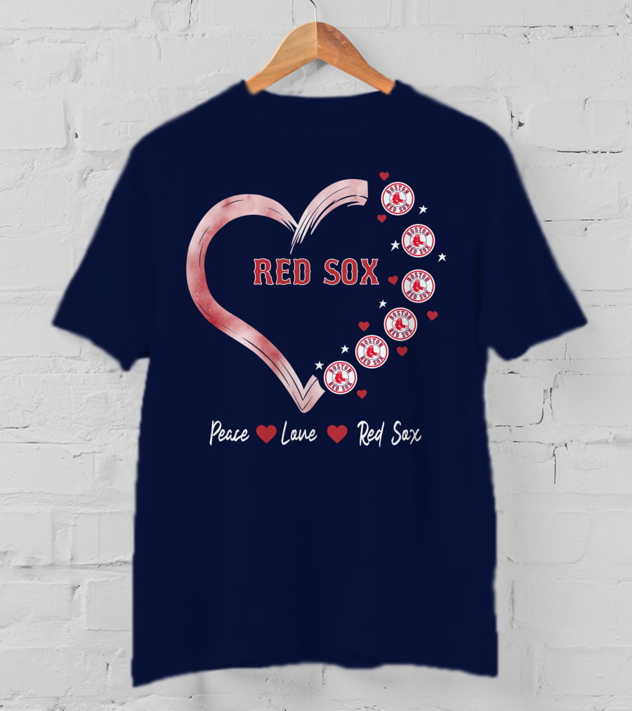 Peace Love Red Sox Heart With Boston Red Sox Logos And Stars T-Shirt