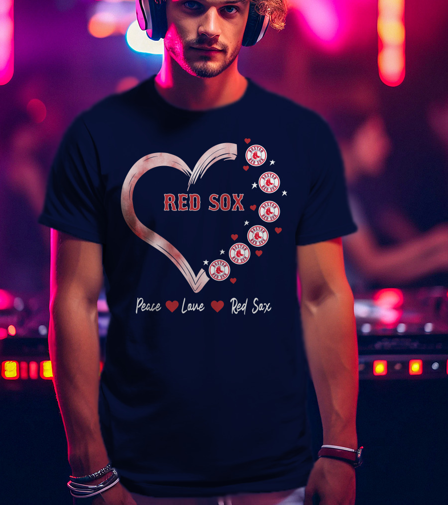 Peace Love Red Sox Heart With Boston Red Sox Logos And Stars T-Shirt