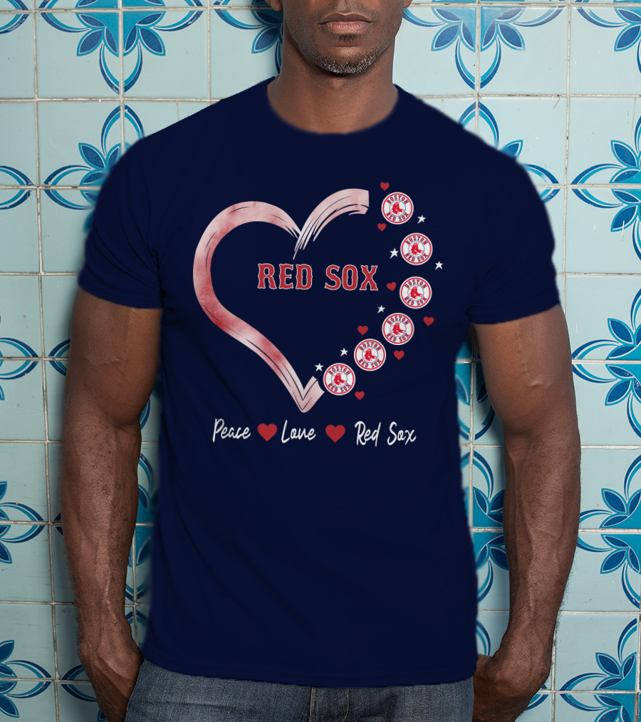 Peace Love Red Sox Heart With Boston Red Sox Logos And Stars T-Shirt