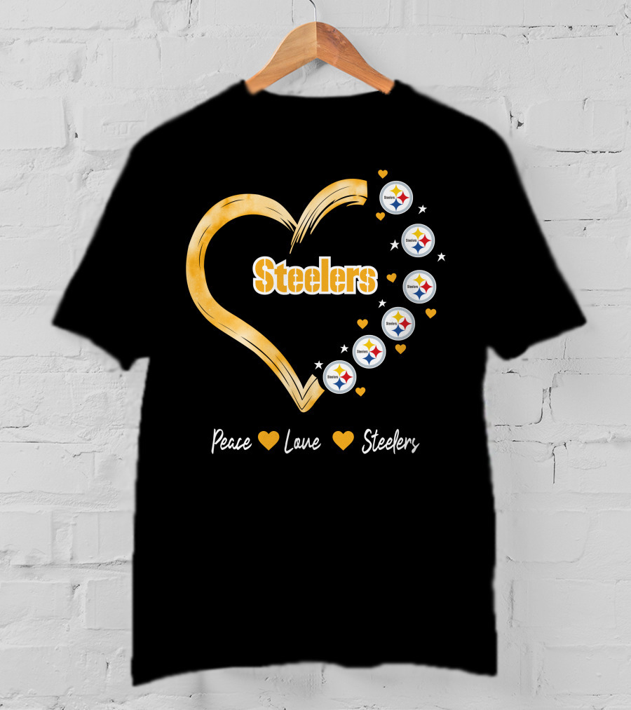 Peace Love Steelers Heart Filled With Pittsburgh Steelers Logos And Stars T-Shirt