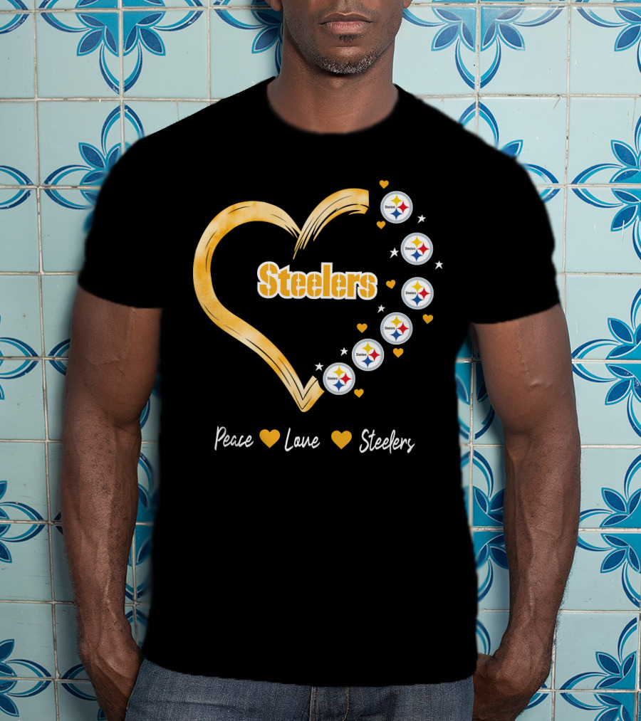 Peace Love Steelers Heart Filled With Pittsburgh Steelers Logos And Stars T-Shirt