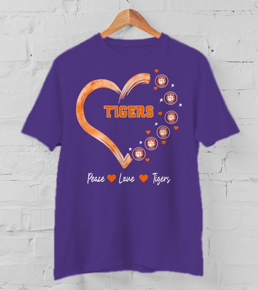 Peace Love Clemson Football Tigers Heart Paw Prints T-Shirt