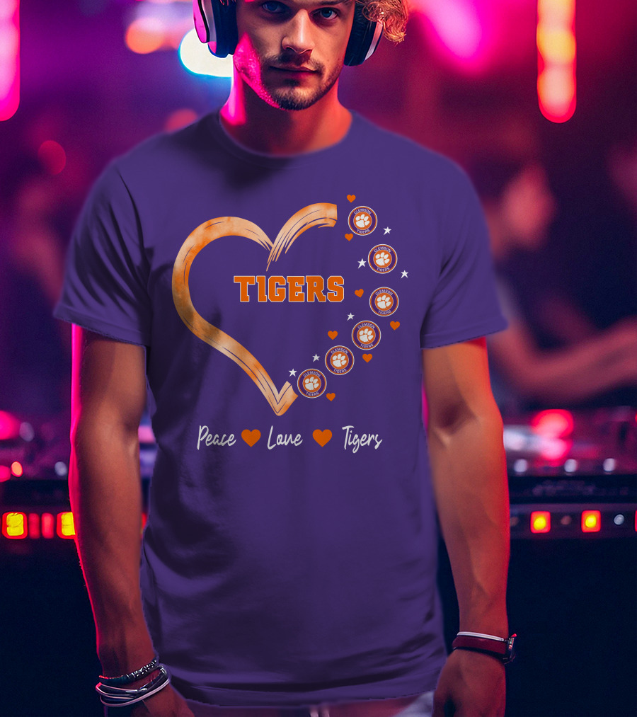 Peace Love Clemson Football Tigers Heart Paw Prints T-Shirt