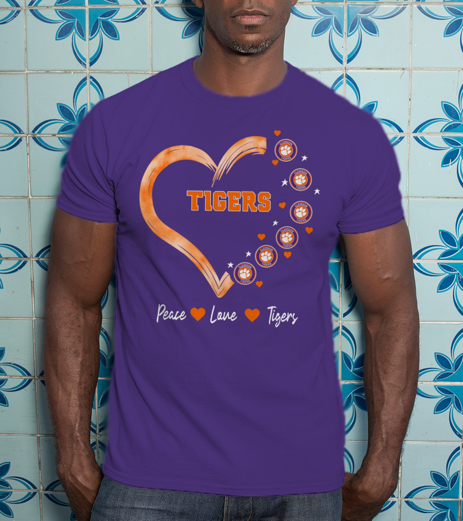 Peace Love Clemson Football Tigers Heart Paw Prints T-Shirt