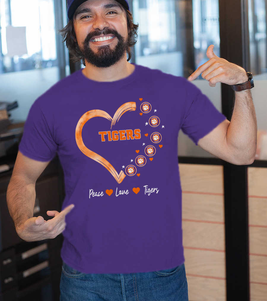 Peace Love Clemson Football Tigers Heart Paw Prints T-Shirt