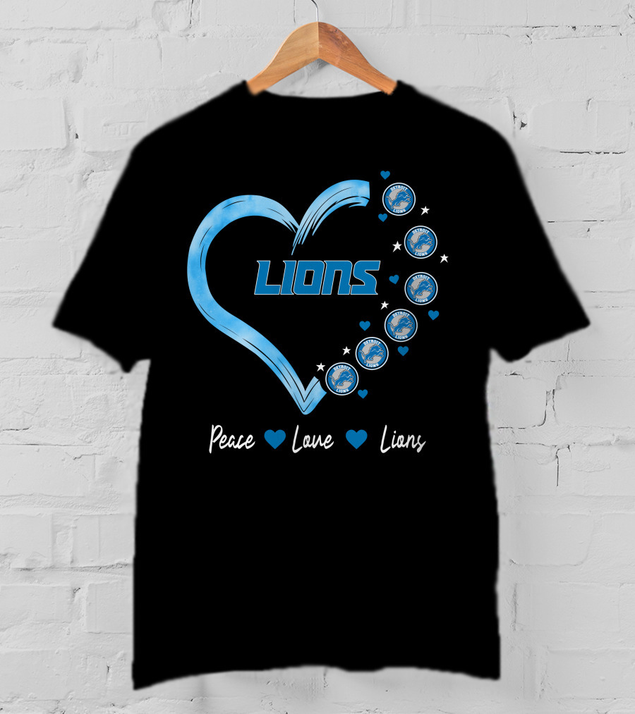 Peace Love Detroit Lions Retro Heart Fan Emblem T-Shirt