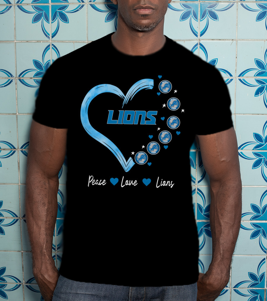Peace Love Detroit Lions Retro Heart Fan Emblem T-Shirt