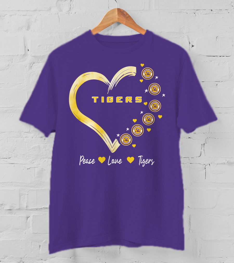 Peace Love LSU Tigers Heart Design With Logo Elements T-Shirt