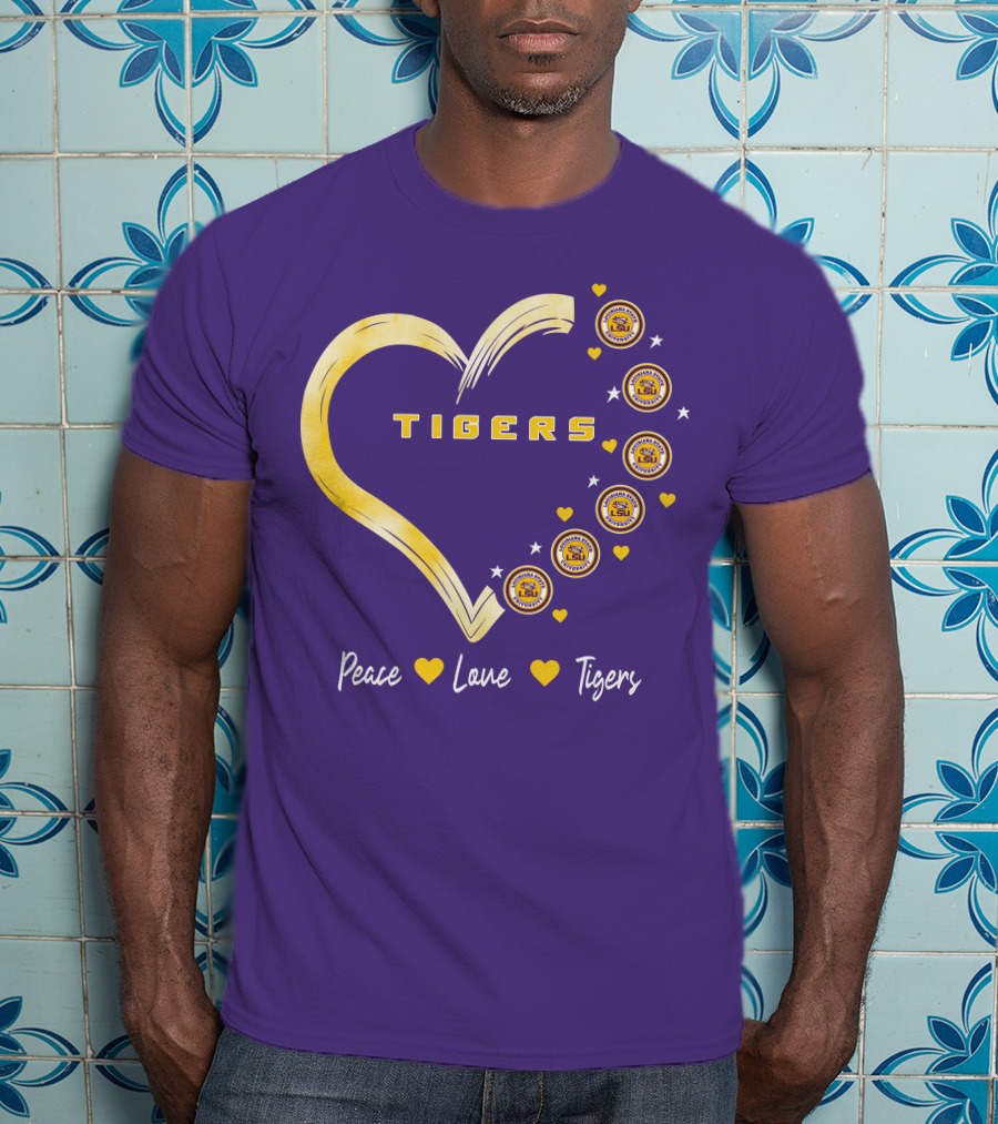 Peace Love LSU Tigers Heart Design With Logo Elements T-Shirt
