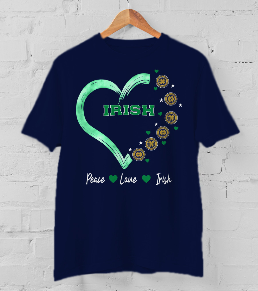Peace Love Irish Notre Dame Fighting Irish Logos And Heart T-Shirt