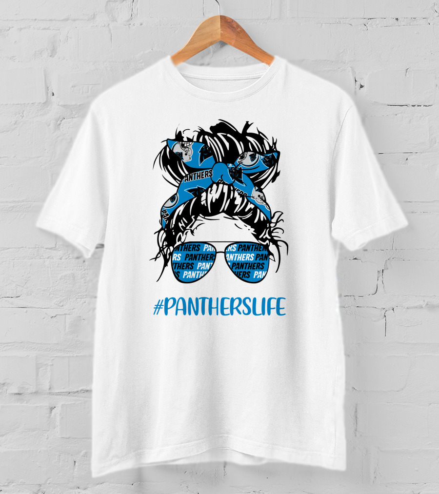 PanthersLife Messy Bun Girl With Panthers Headband And Glasses T-Shirt