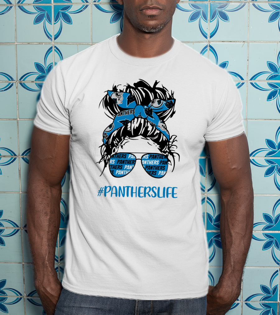 PanthersLife Messy Bun Girl With Panthers Headband And Glasses T-Shirt