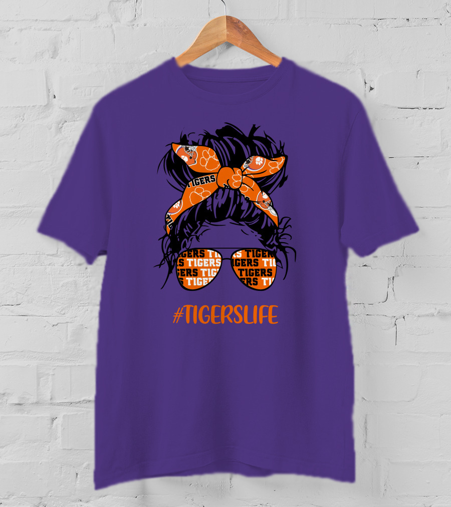 TigersLife Clemson Tigers Messy Bun Girl With Headband And Glasses T-Shirt