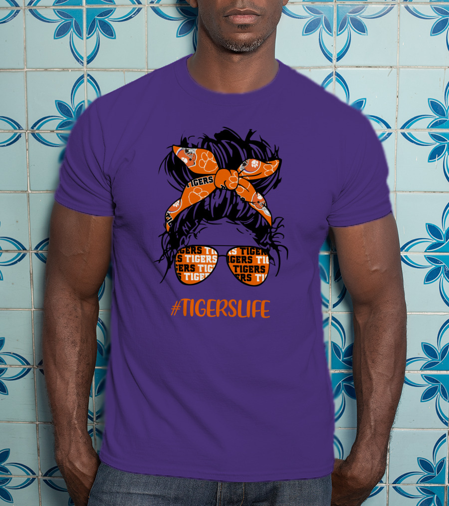 TigersLife Clemson Tigers Messy Bun Girl With Headband And Glasses T-Shirt