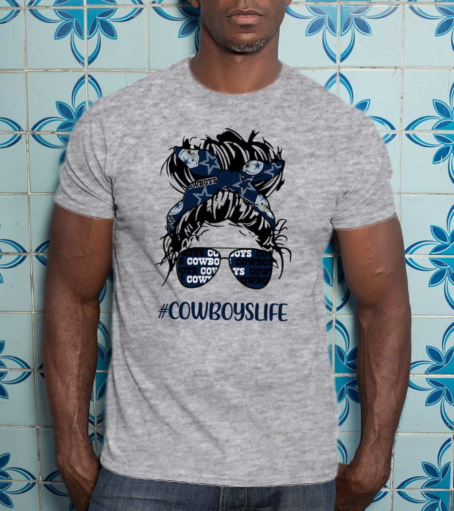 CowboysLife Messy Bun Girl Headband Glasses Dallas Cowboys T-Shirt