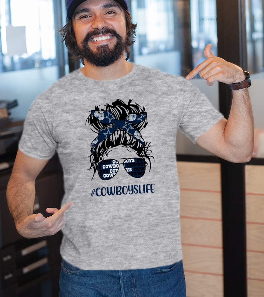 CowboysLife Messy Bun Girl Headband Glasses Dallas Cowboys T-Shirt