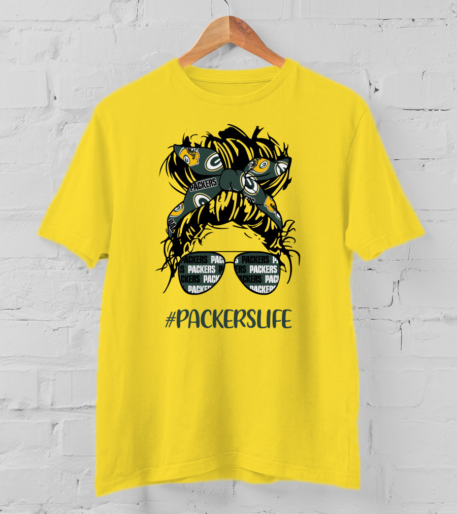 PACKERSLIFE Messy Bun Girl With Packers Headband And Glasses T-Shirt