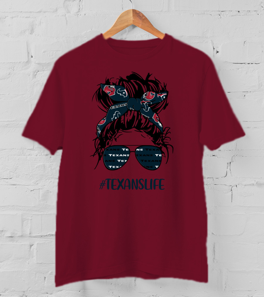 Houston Texans Hashtag Texanslife Messy Bun Headband Glasses T-Shirt