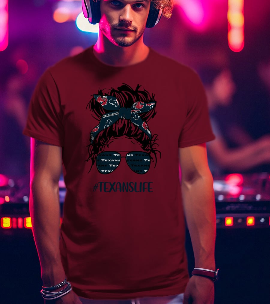 Houston Texans Hashtag Texanslife Messy Bun Headband Glasses T-Shirt