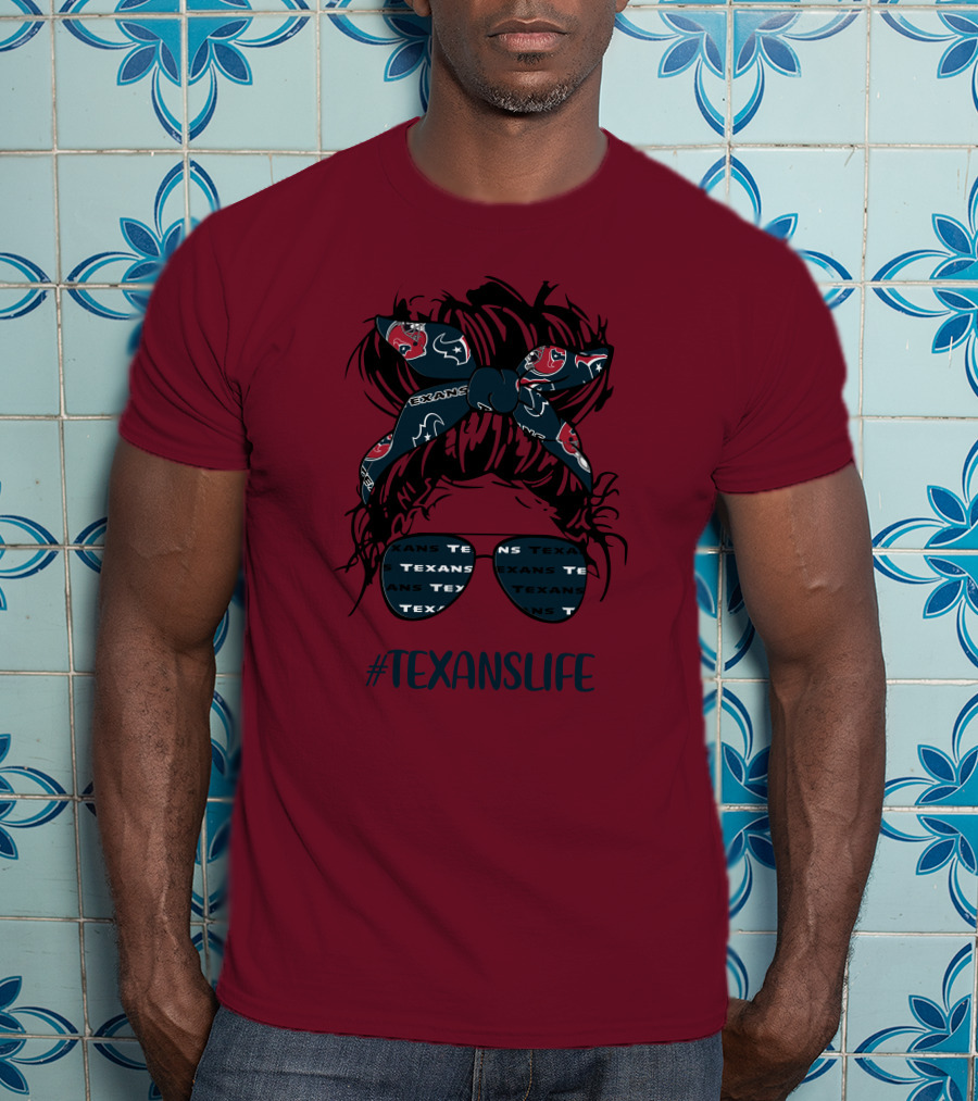 Houston Texans Hashtag Texanslife Messy Bun Headband Glasses T-Shirt