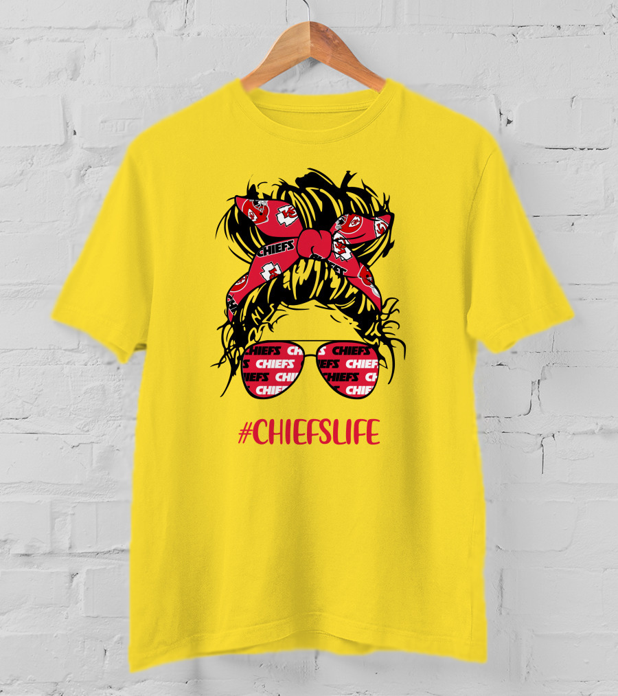 Kansas City Chiefs Life Messy Bun Girl With Chiefs Headband And CHIEFS Glasses T-Shirt